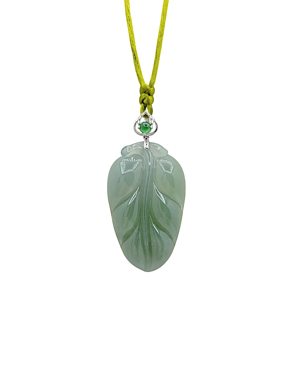 18K White Gold Icy Light Green Leaf Jadeite Jade Pendant