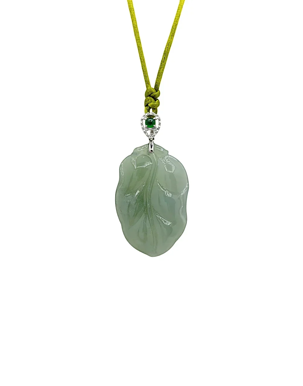 18K White Gold Icy Light Green Leaf Jadeite Jade Pendant