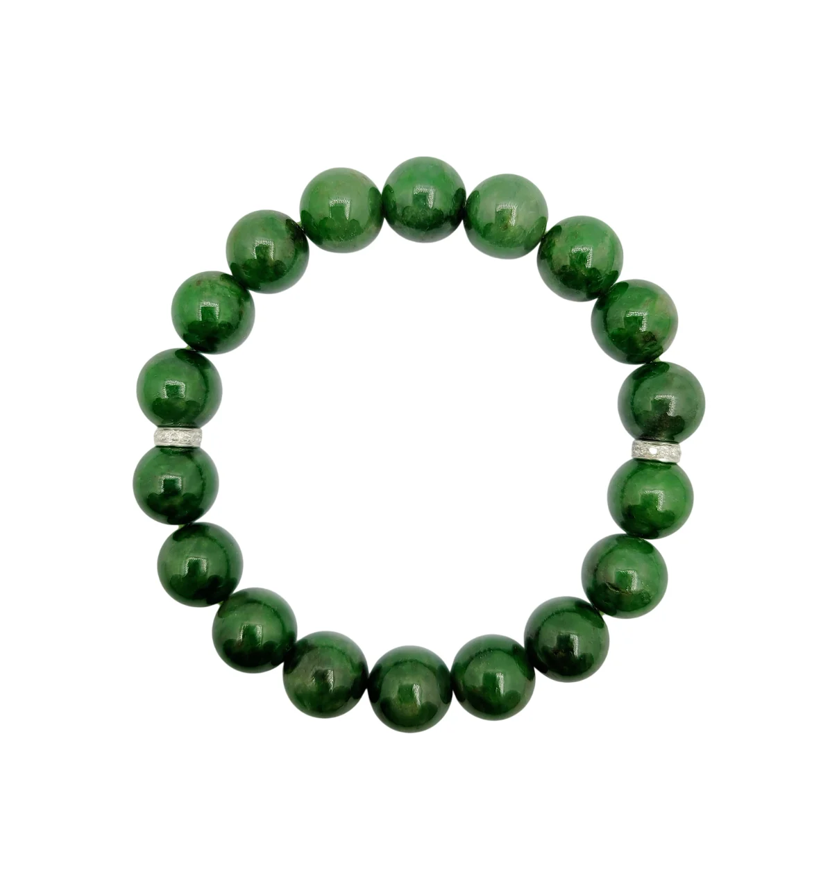 18K White Gold Intense Green Jadeite Jade Beads Bracelet with Natural Diamonds