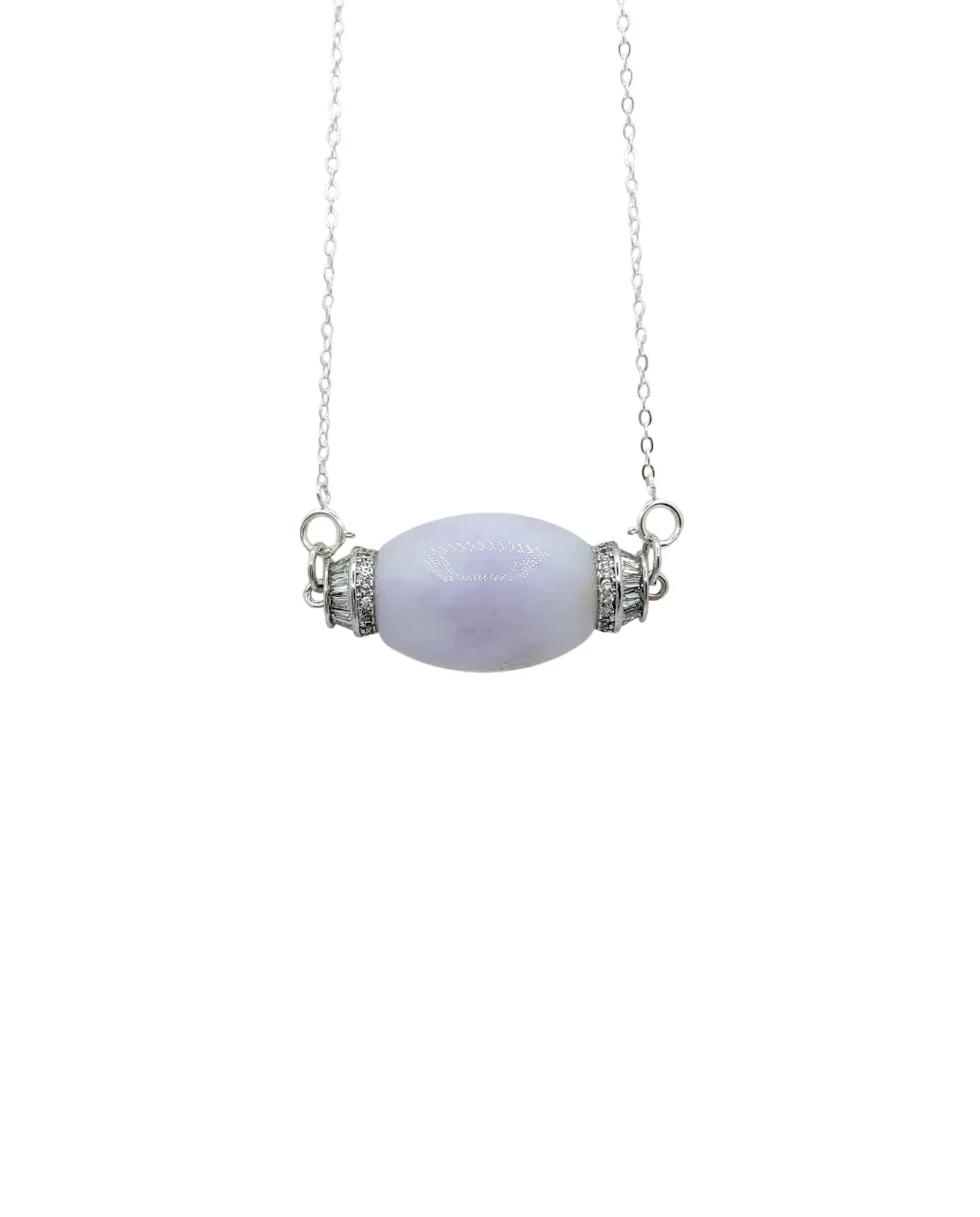 Silver Lavender Jadeite Jade Barrel Necklace with Diamonds Simulant