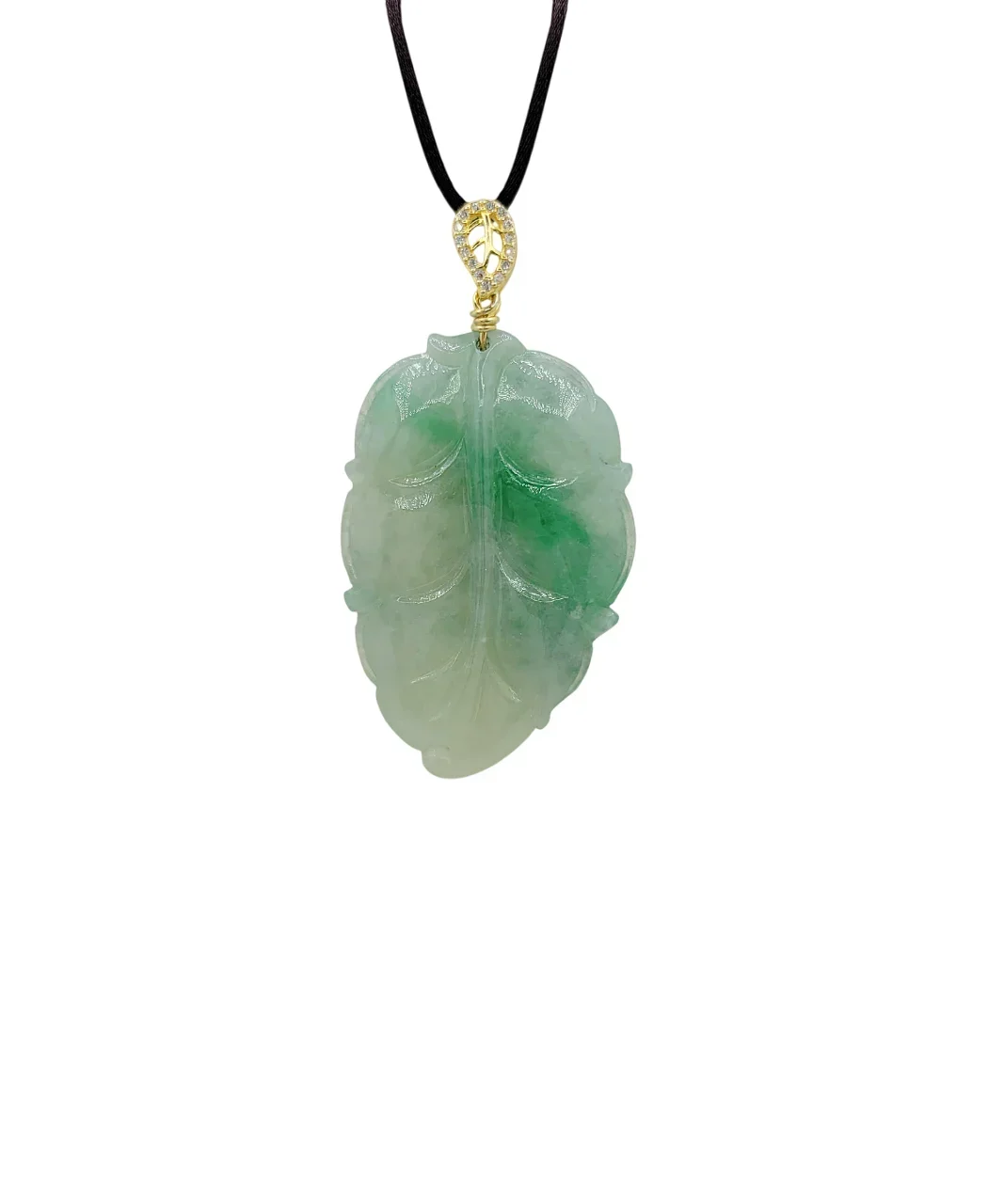 Silver Icy Green Leaf Jadeite Jade Pendant with Diamond Simulant