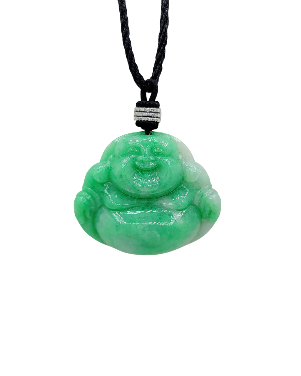 18K White Gold Green Laughing Buddha Jadeite Jade Pendant with Natural Diamonds