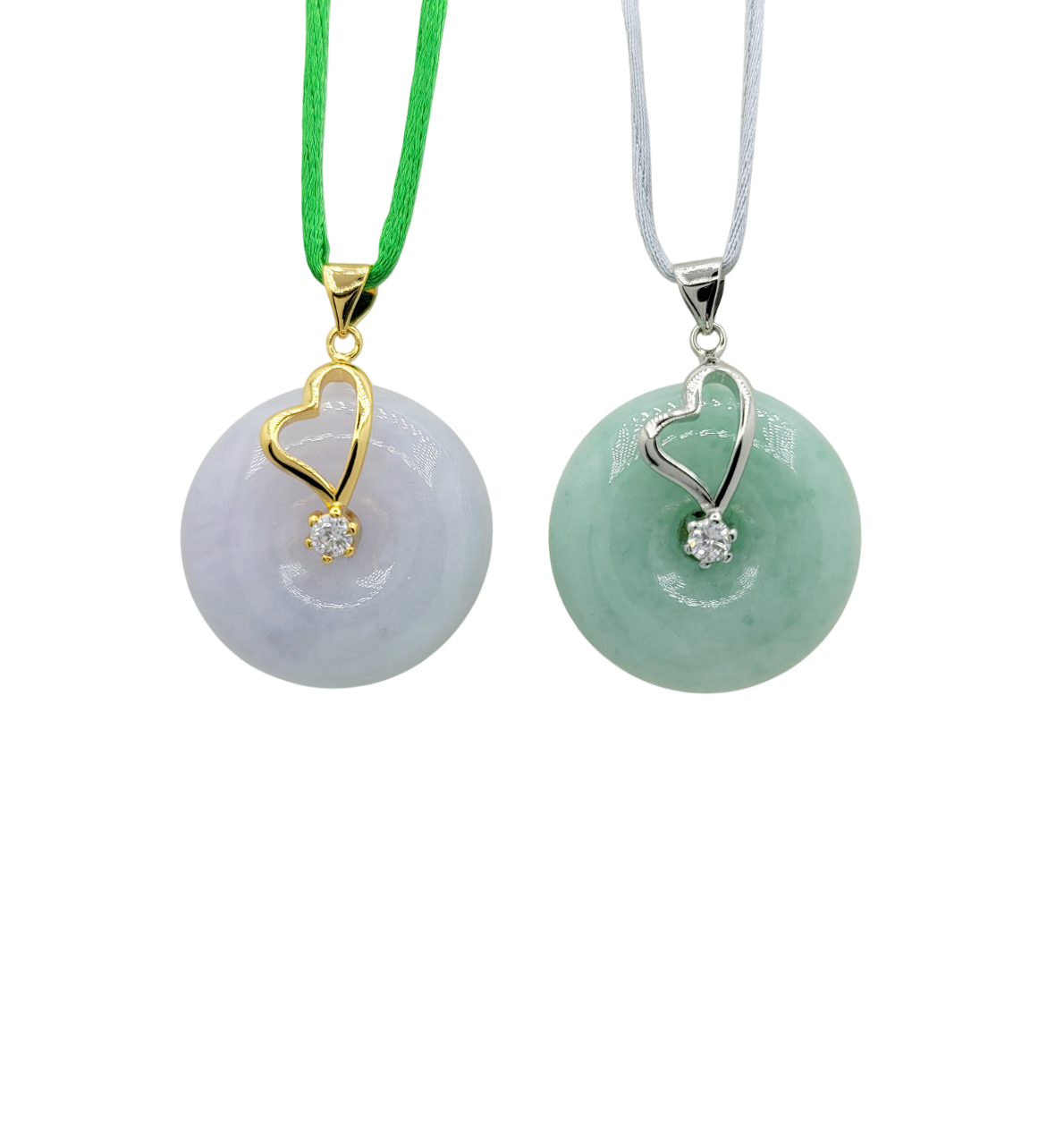 Silver Lavender or Green Jadeite Jade Donut Pendant with Diamonds Simulant