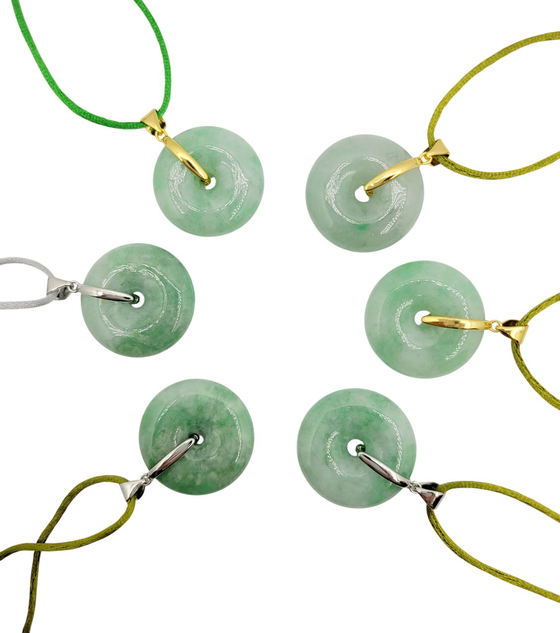 Silver Green Jadeite Jade Donut Pendant