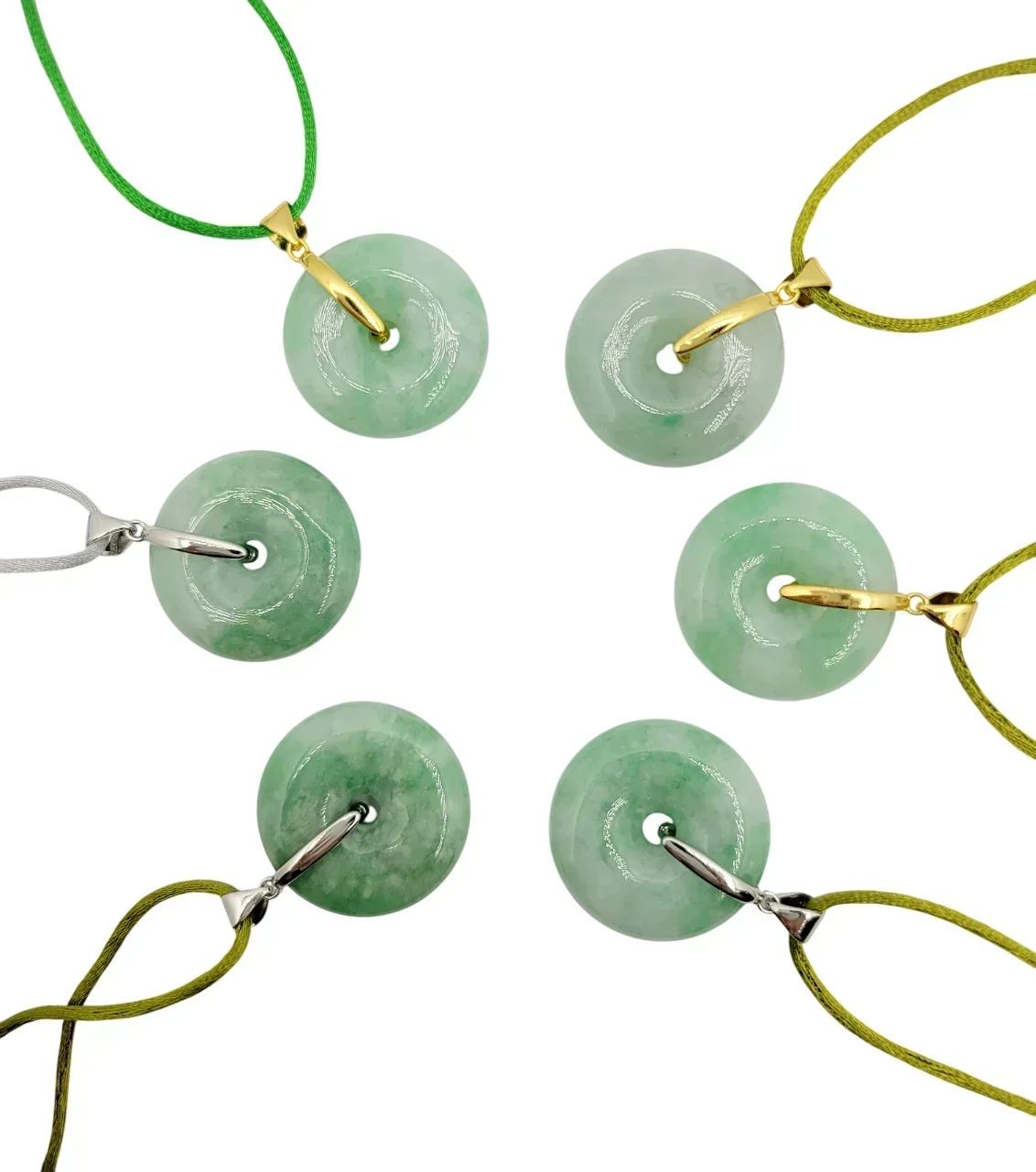 Silver Green Jadeite Jade Donut Pendant