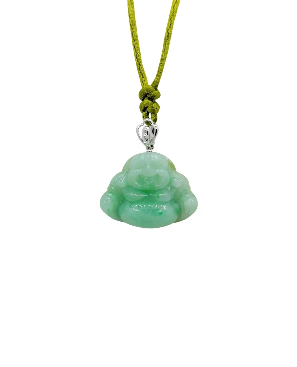 14K White Gold Icy Green Jadeite Jade Laughing Buddha Pendant