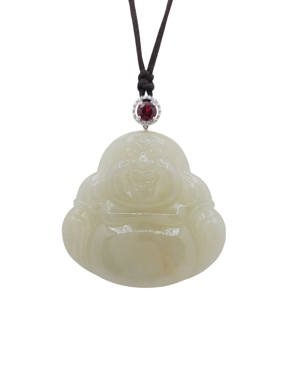 18K White Gold Icy Light Yellow Jadeite Jade Laughing Buddha Pendant with Ruby Simulant