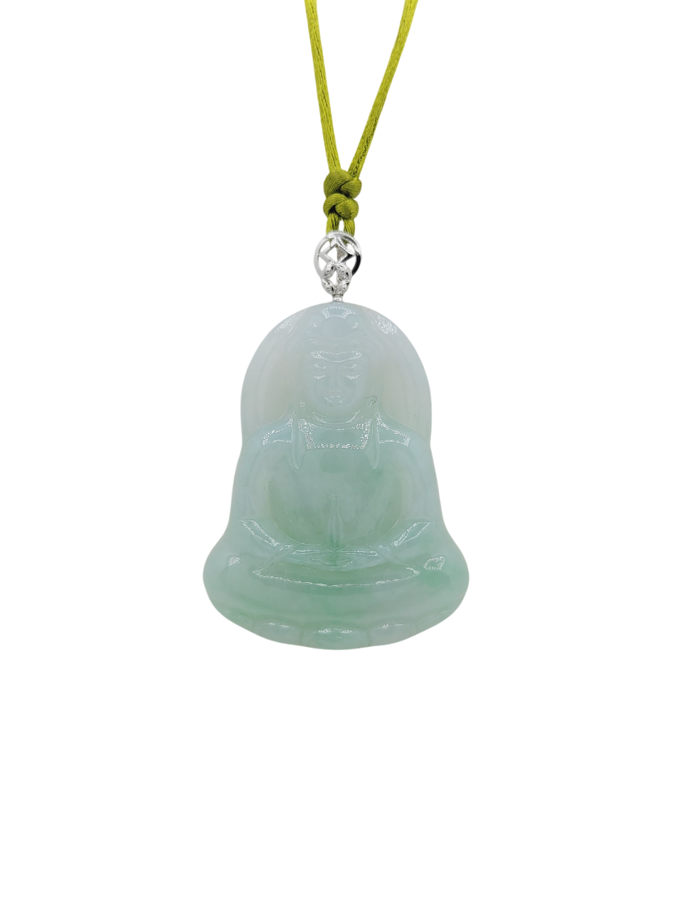 14K White Gold Icy Green Jadeite Jade Guanyin Pendant