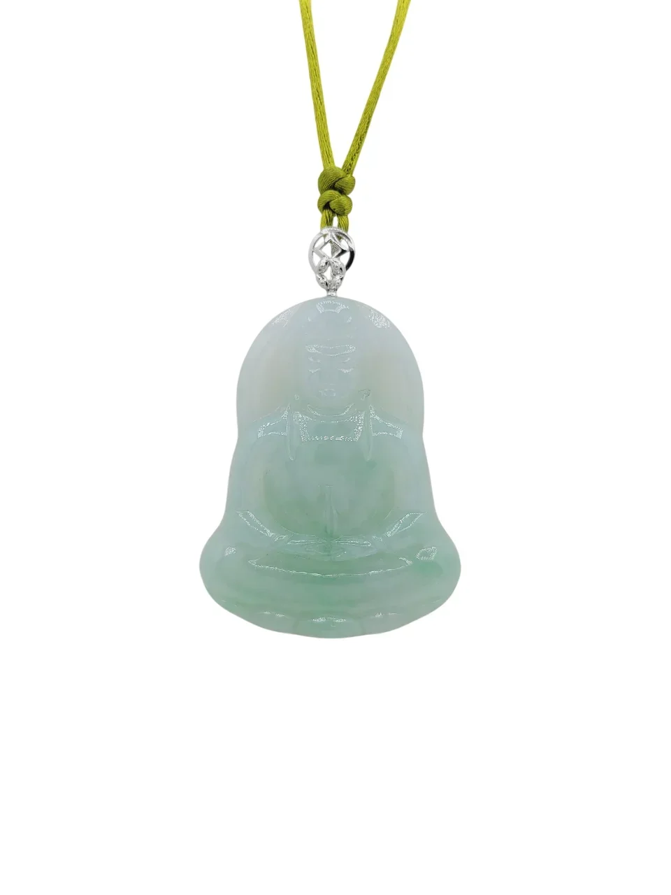 14K White Gold Icy Green Jadeite Jade Guanyin Pendant