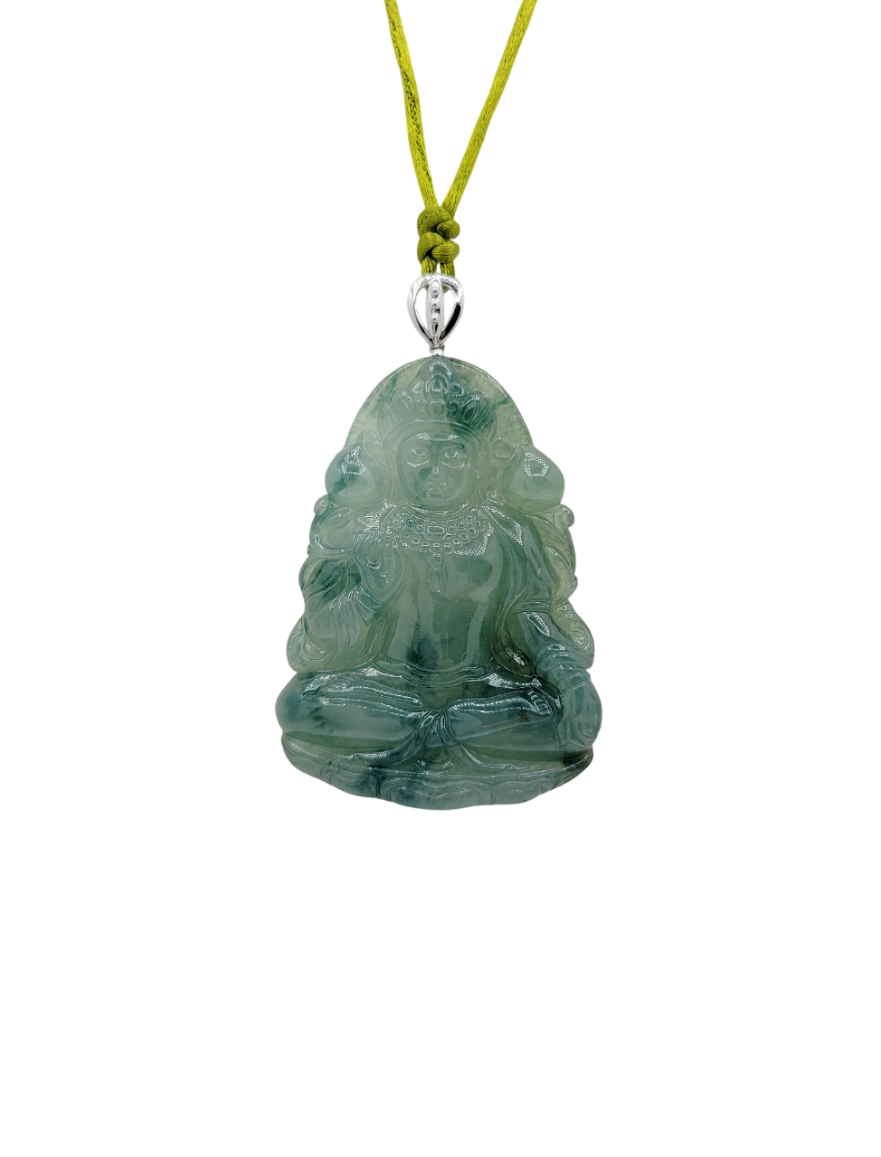14K White Gold Icy Green Jadeite Jade Guanyin Pendant