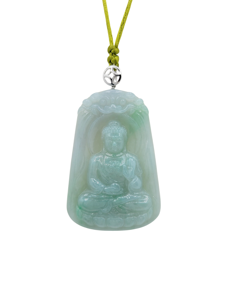 14K White Gold Icy Green Jadeite Jade Buddha Pendant