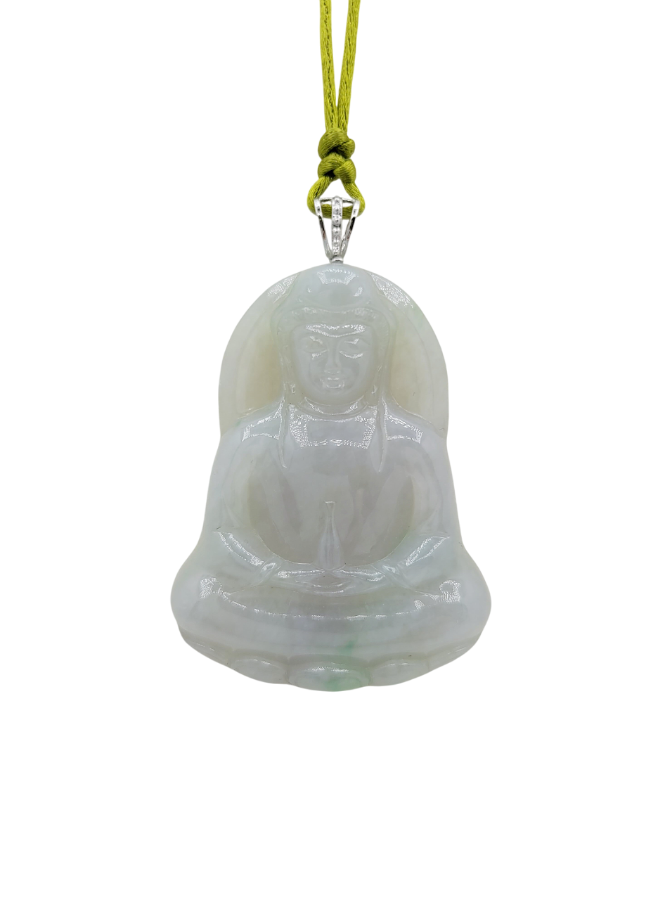 14K White Gold Icy Jadeite Jade Guanyin Pendant