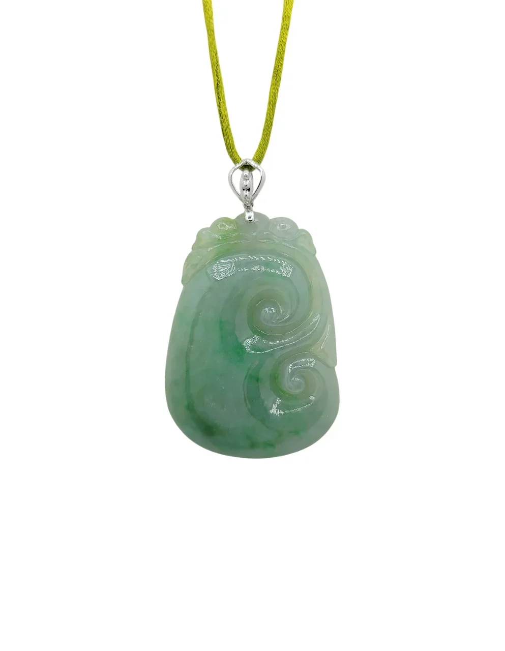 14K White Gold Icy Green Jadeite Jade Ruyi Pendant