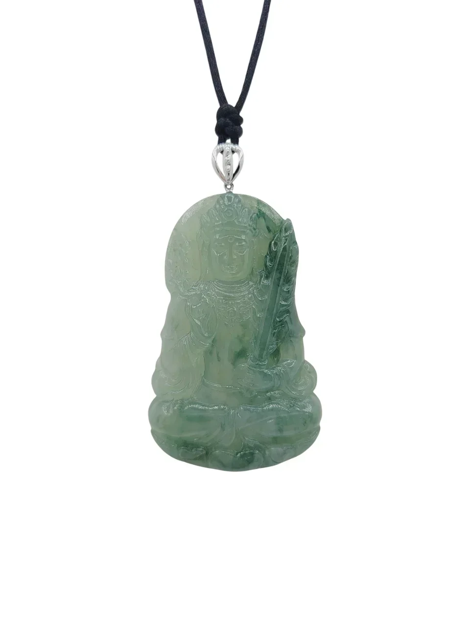 18K White Gold Icy Green Jadeite Jade Guanyin  Pendant