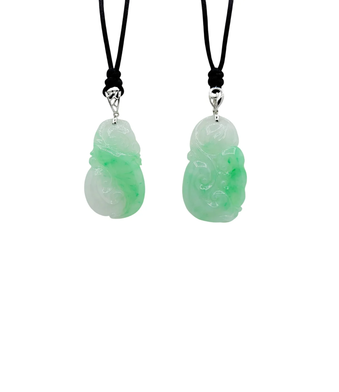 14K White Gold Icy with Green Patches Jadeite Jade Ruyi Pendant