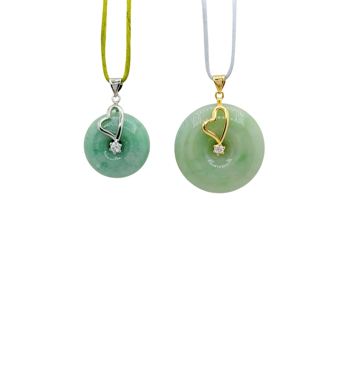 Silver Green Donut Jadeite Jade Pendant with Diamond Simulant