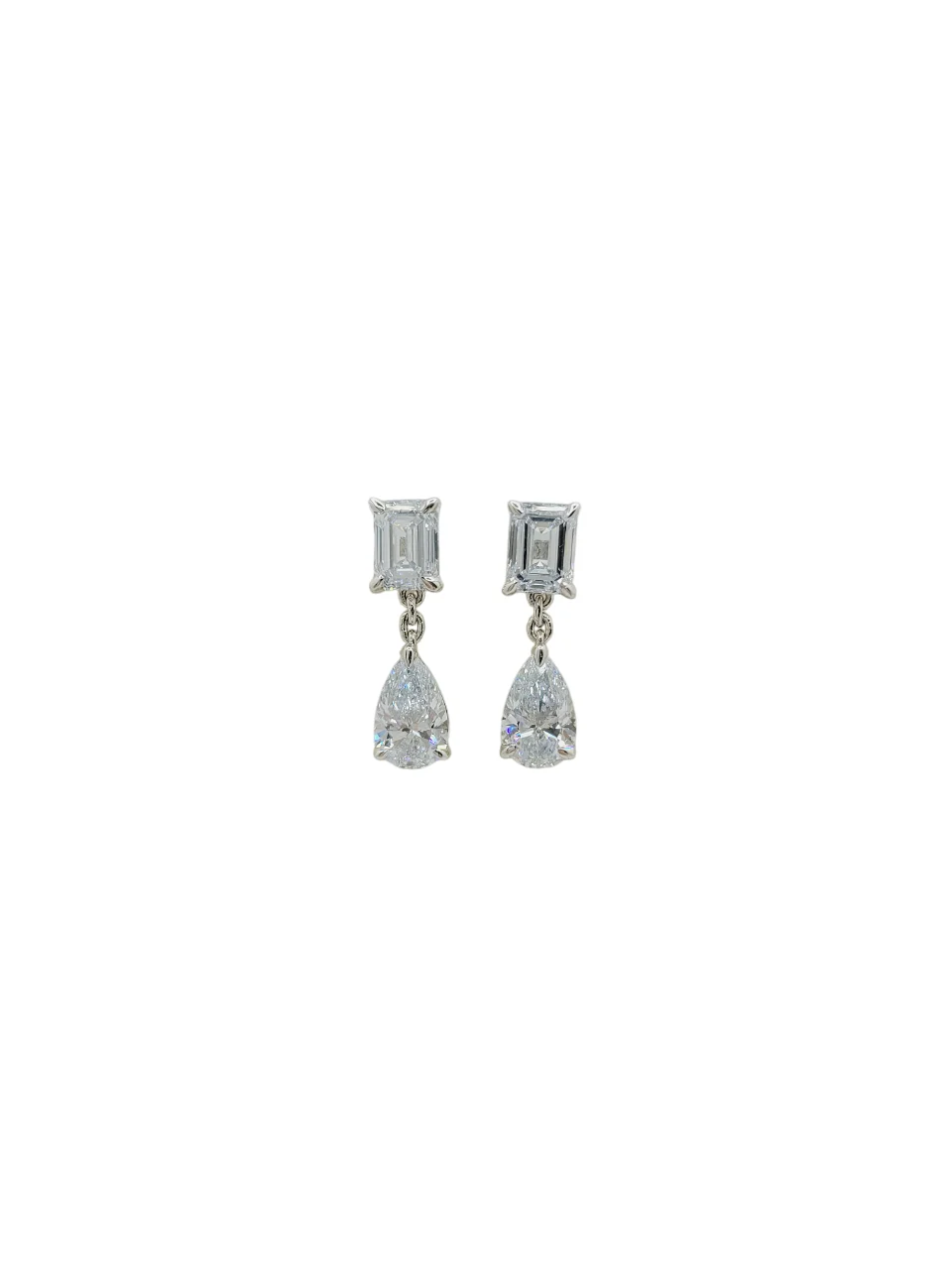 Platinum Emerald and Pear Brilliant Cut Lab Grown Diamond Dangle Earrings