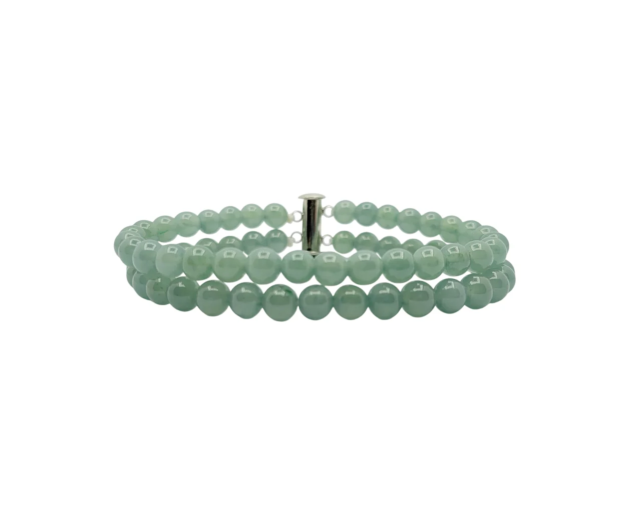 Icy Light Green Jadeite Jade Bead 2 Rows Bracelet with Silver Clasp