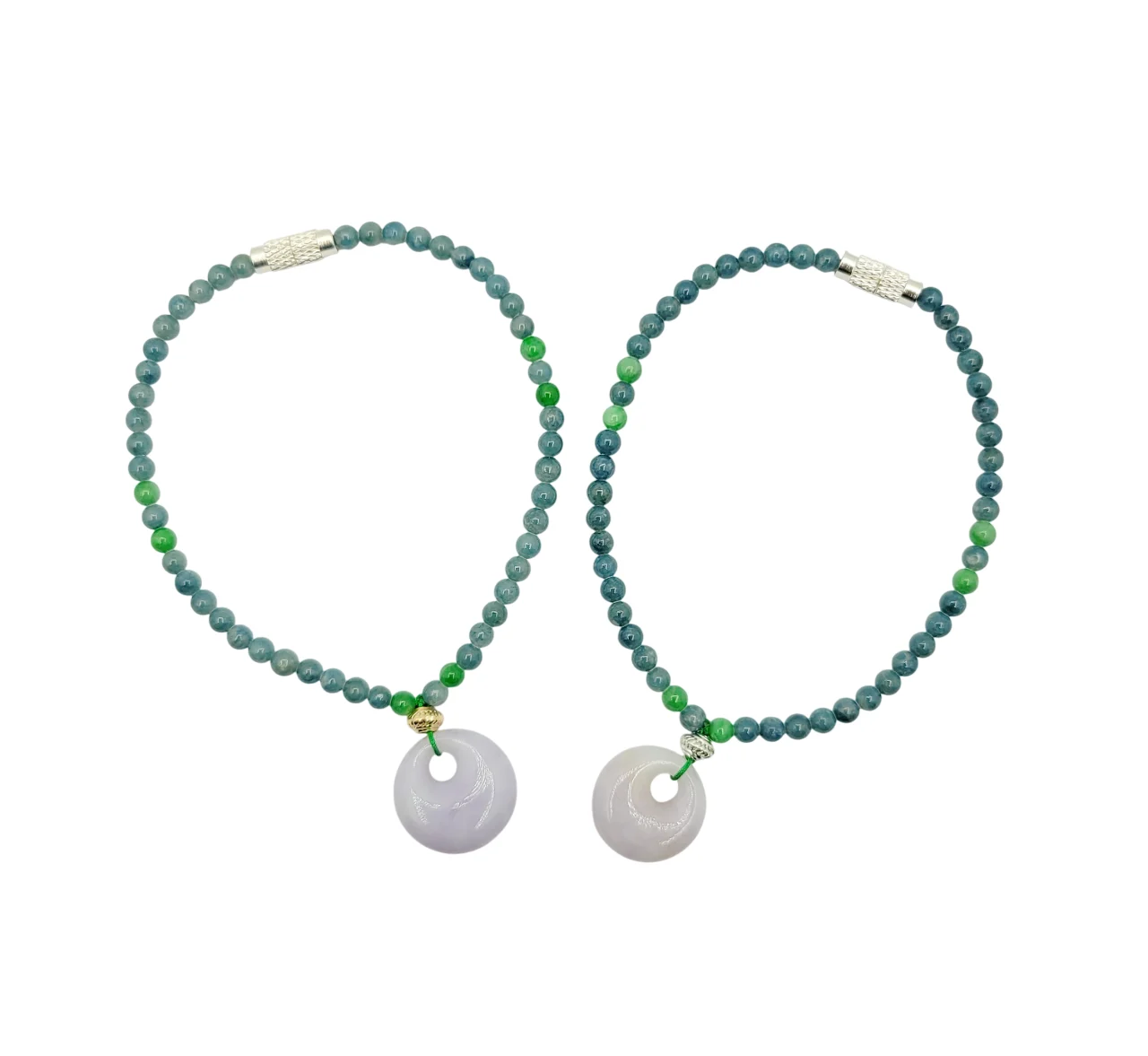 Green Beads and Light Purple Circle Charm Jadeite Jade Bracelet