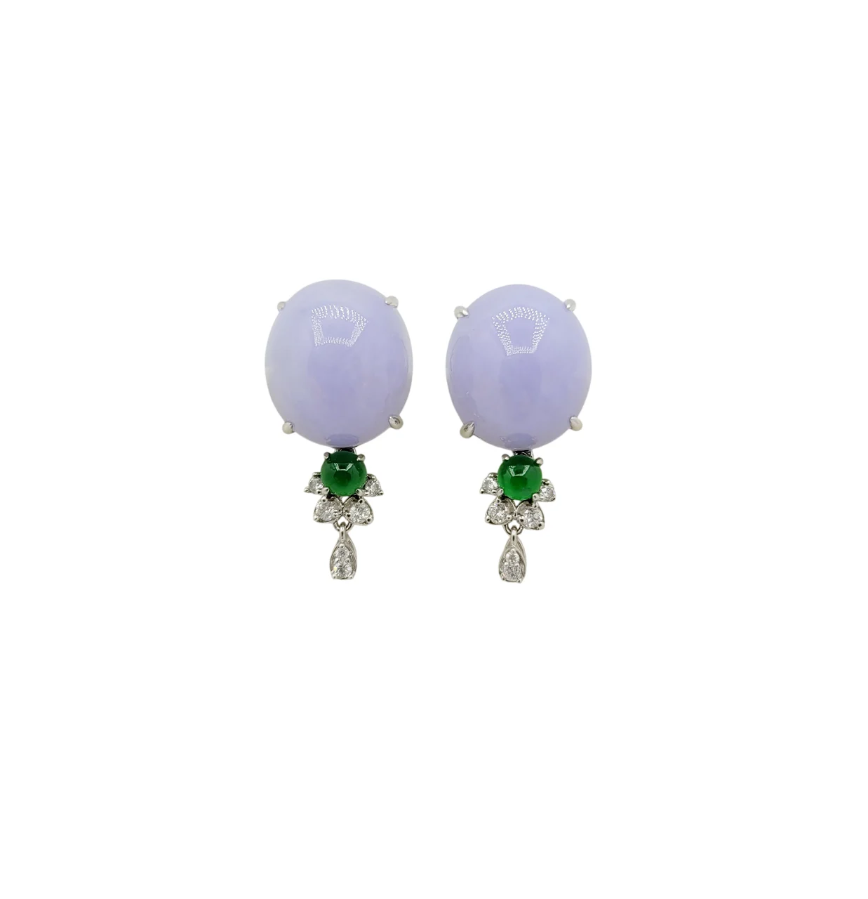 18K White Gold Light Purple Oval Cabochon Jadeite Jade Earrings