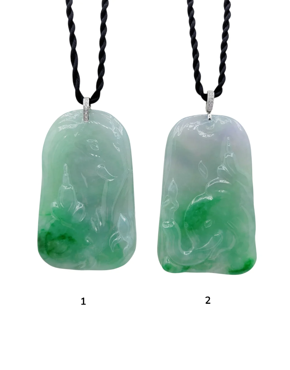 18K White Gold White with Pale and Medium Green Patches And White with Pale and Light Green Patches Carved Jadeite Jade Pendant