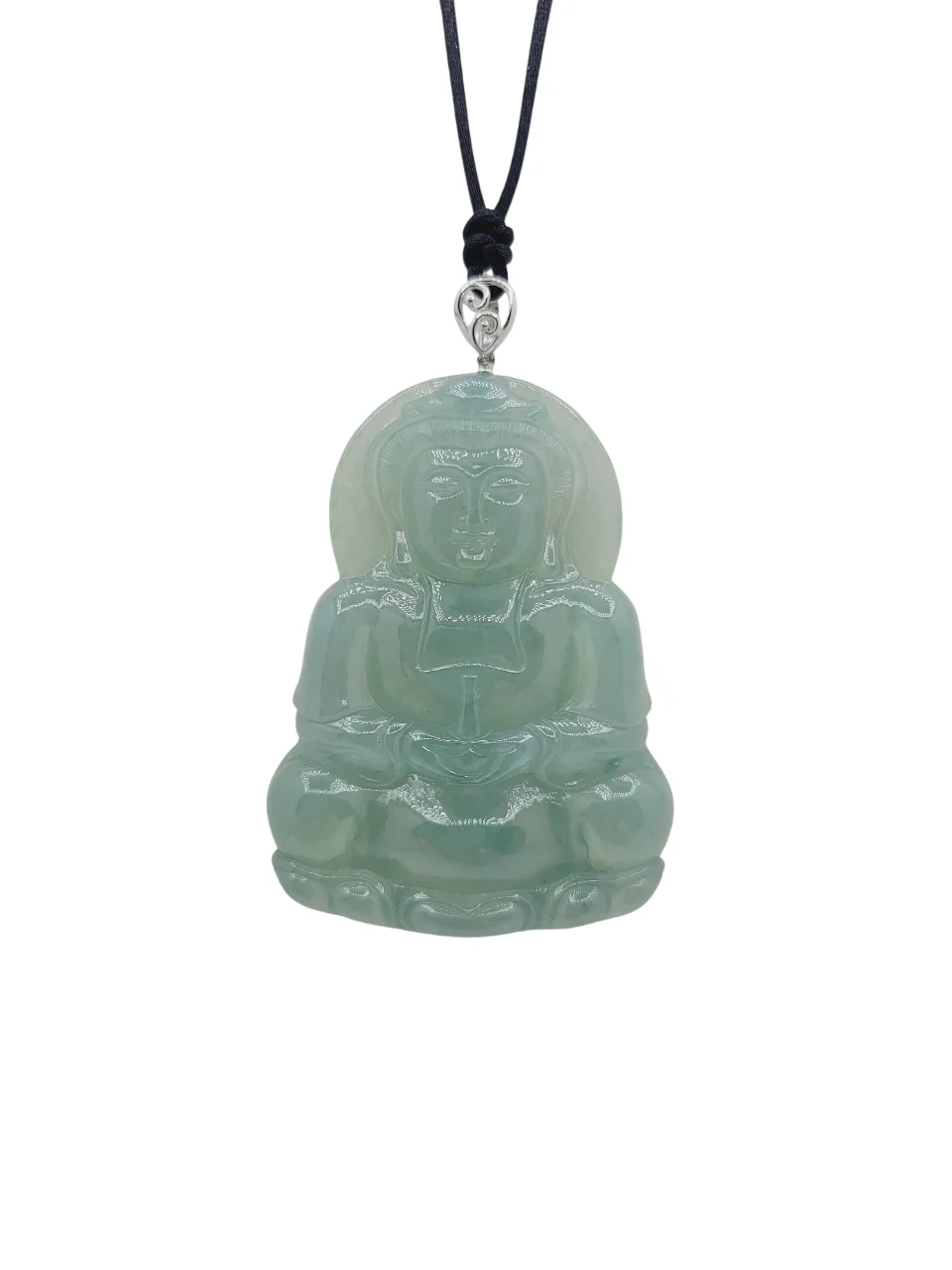18K White Gold Pale Bluish Green Guanyin Jadeite Jade Pendant