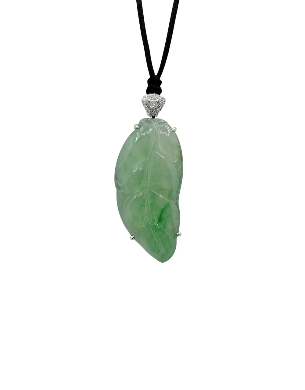 18K White Gold Pale Green with Light Green Patches Leaf Jadeite Jade Pendant