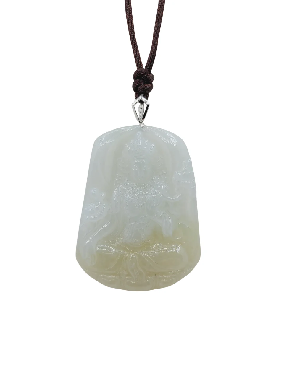 14K White Gold White with Light Yellow Patches Guanyin Jadeite Jade Pendant