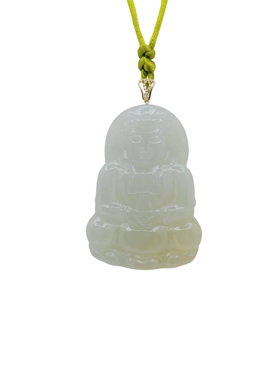 14K White Gold White with Light Yellow Patches Guanyin Jadeite Jade Pendant