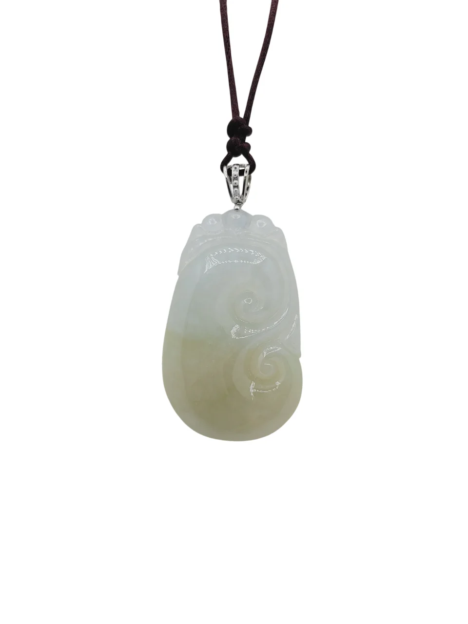 14K White Gold Icy with Light Yellow Patches Ruyi Jadeite Jade Pendant