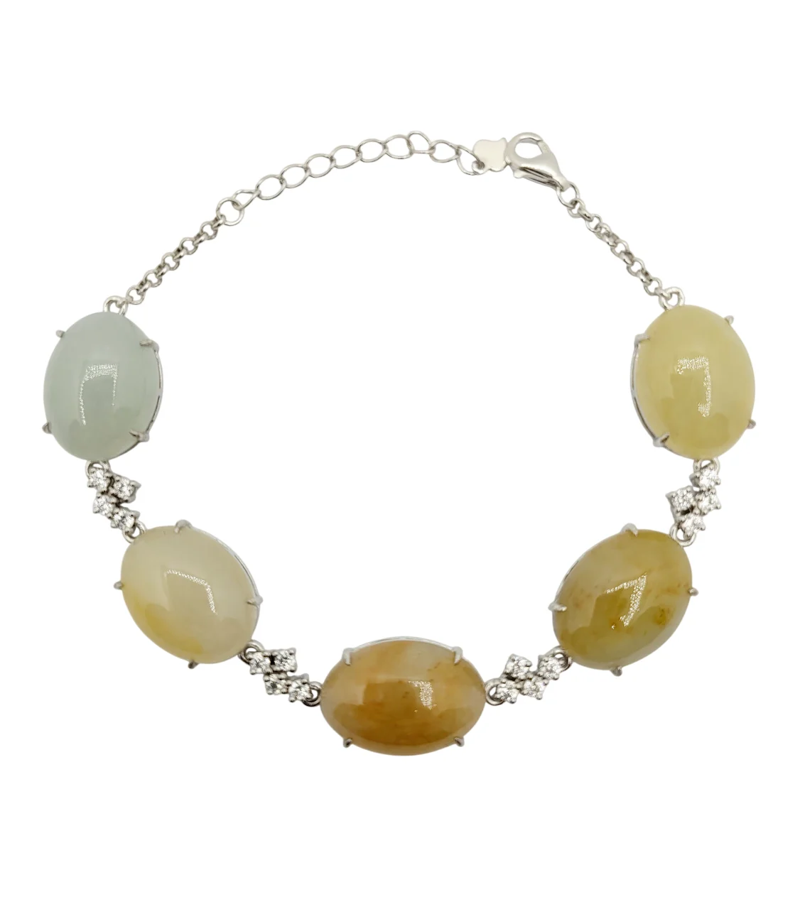Silver Light Yellow Oval Cabochon Jadeite Jade Bracelet with Diamond Simulant