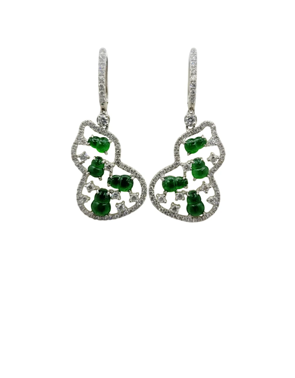 18K White Gold Bright Green Double-gourd Jadeite Jade Earrings with Natural Diamonds