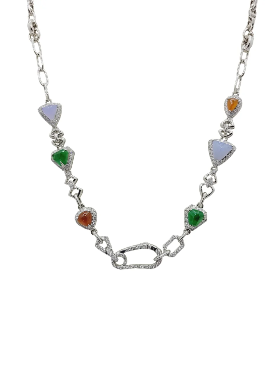 18K White Gold Multi Color & Multi Wear Fancy Shape Jadeite Jade Necklace with Natural Diamonds