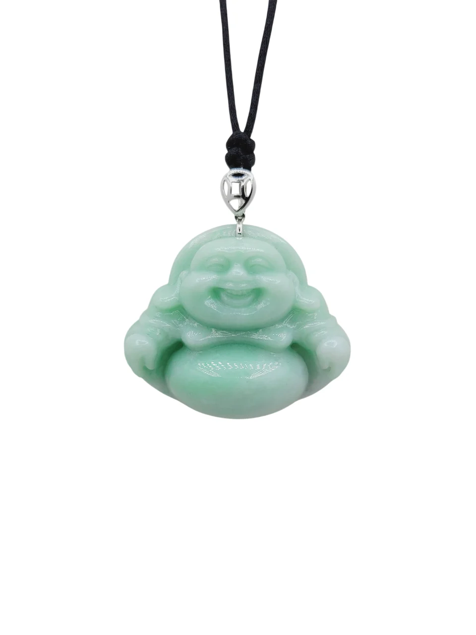18K White Gold Light Green Laughing Buddha Jadeite Jade Pendant