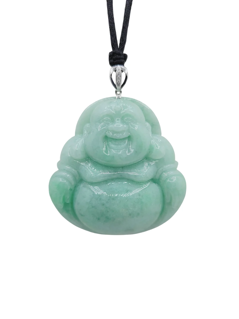 18K White Gold Pale Green with Light Green Patches Laughing Buddha Jadeite Jade Pendant with Natural Diamonds