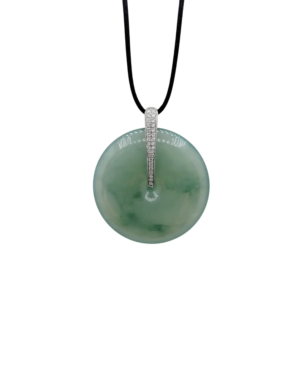 18K White Gold Light Green Round "Bi" Jadeite Jade Pendant with Natural Diamonds