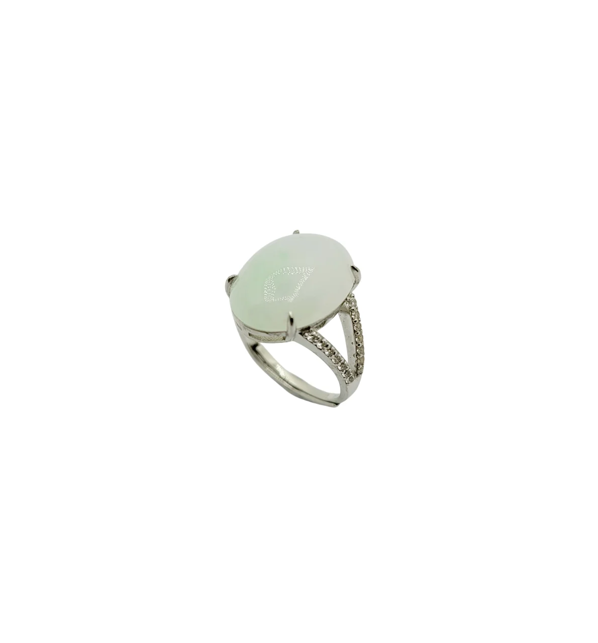 Silver Icy with Green Patches Oval Cabochon Jadeite Jade Ring with Simulant Diamonds