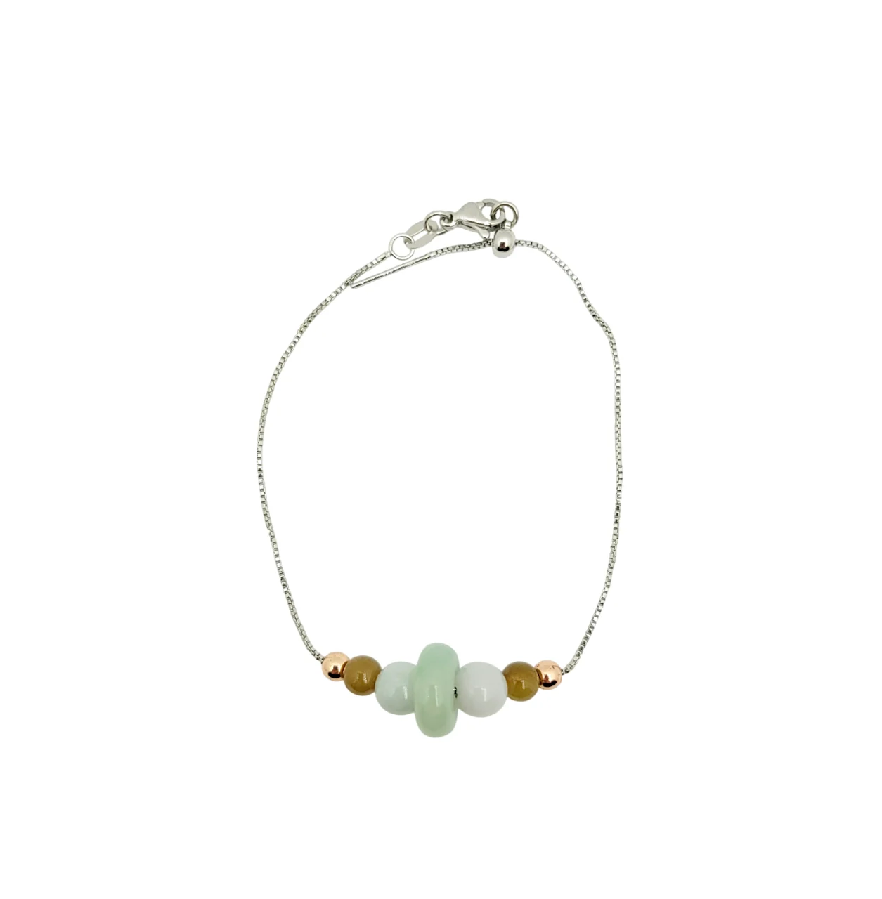 Silver Pale Green Donut and Beads Jadeite Jade Bracelet