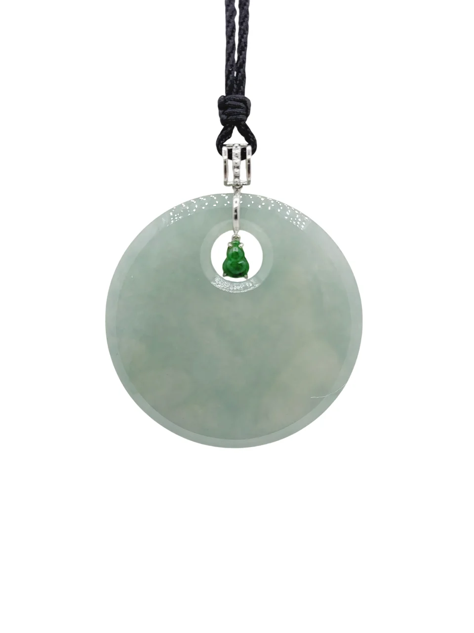 14K White Gold Pale Green Round Plaque With Bright Green Small Wulu Jadeite Jade Pendant