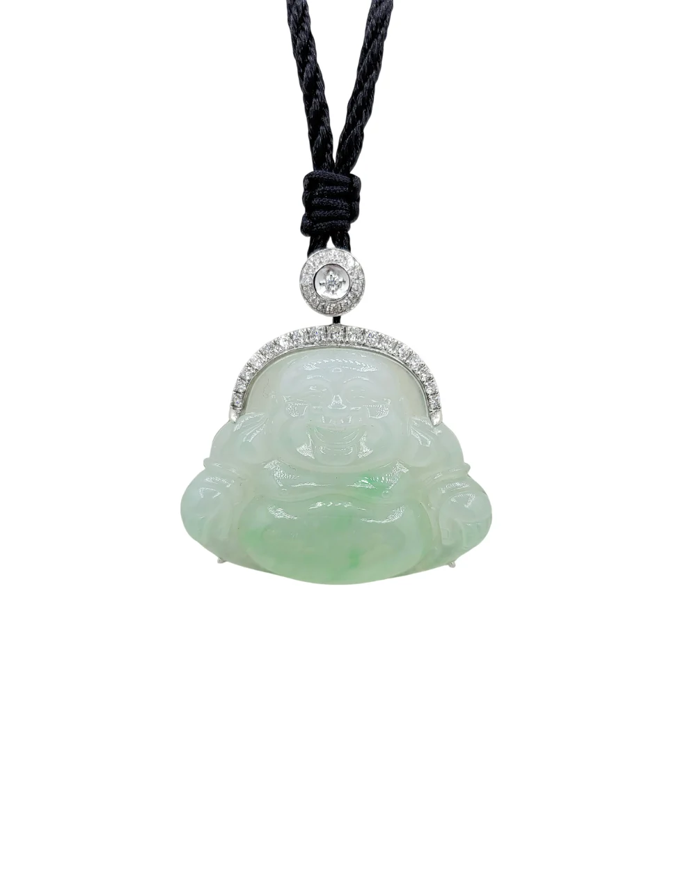 18K White Gold Icy with Bright Green Patches Buddha Jadeite Jade Pendant with Natural Diamonds