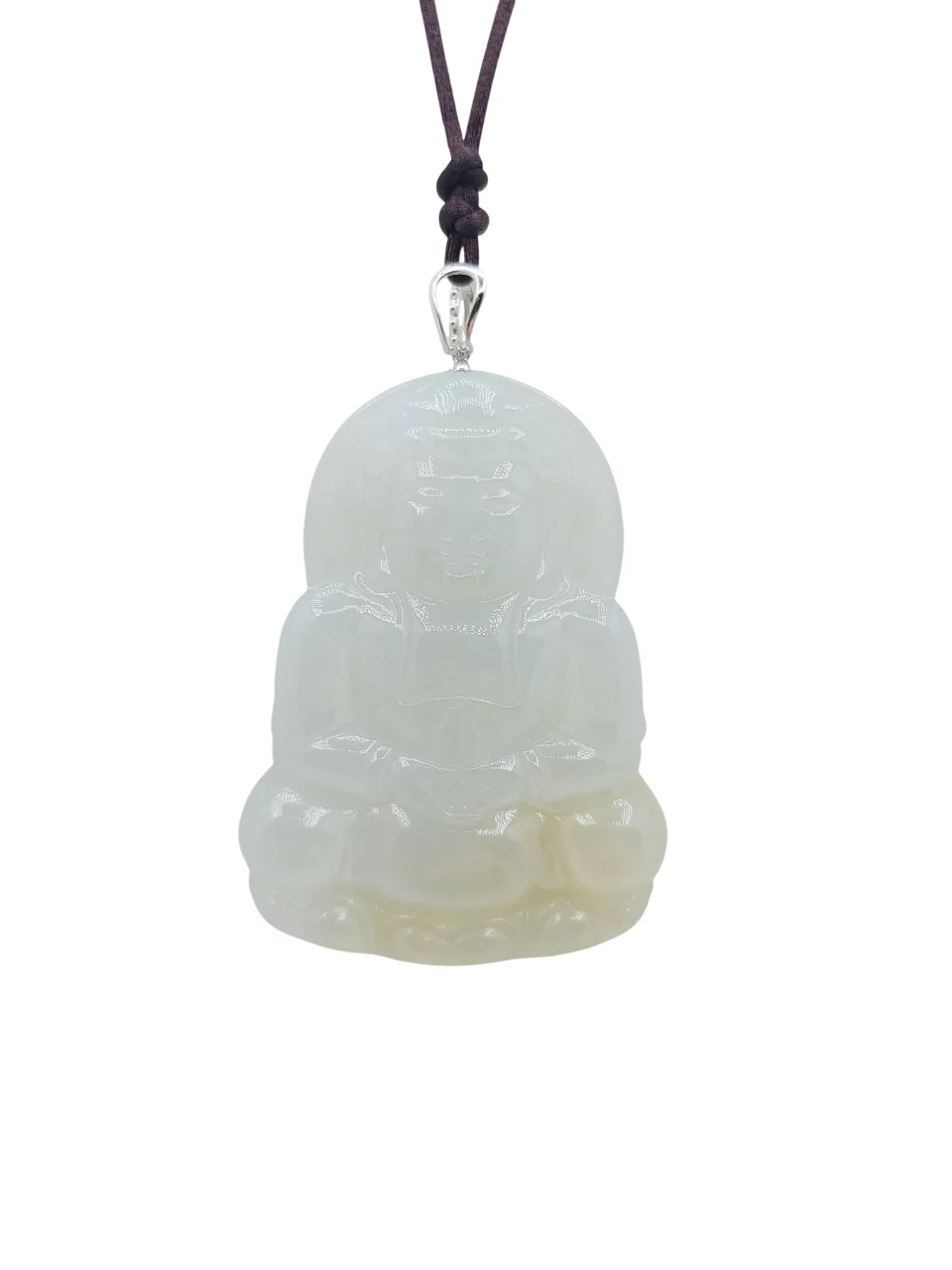 14K White Gold Icy with Light Yellow Patches Guanyin Jadeite Jade Pendant