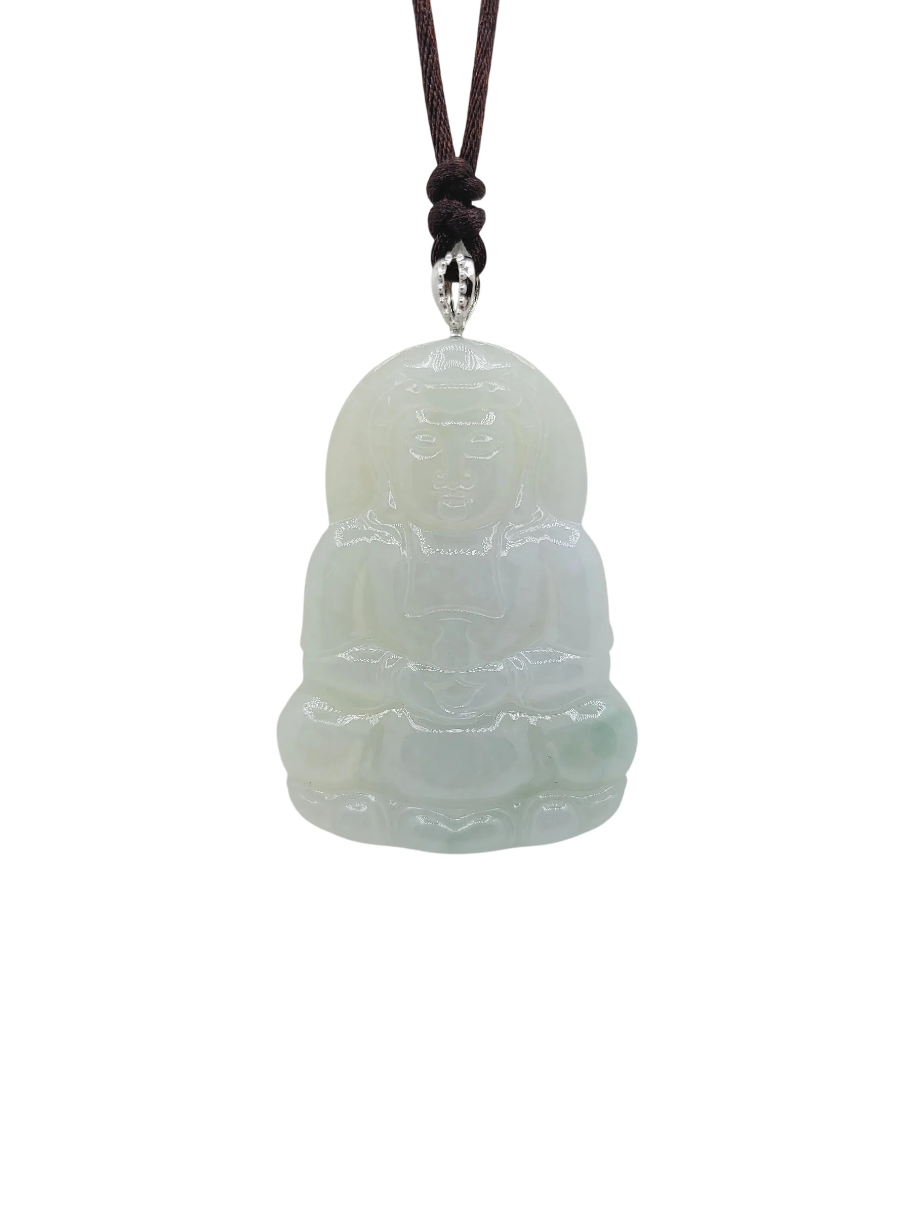 14K White Gold White with Light Green Patches Guanyin Jadeite Jade Pendant