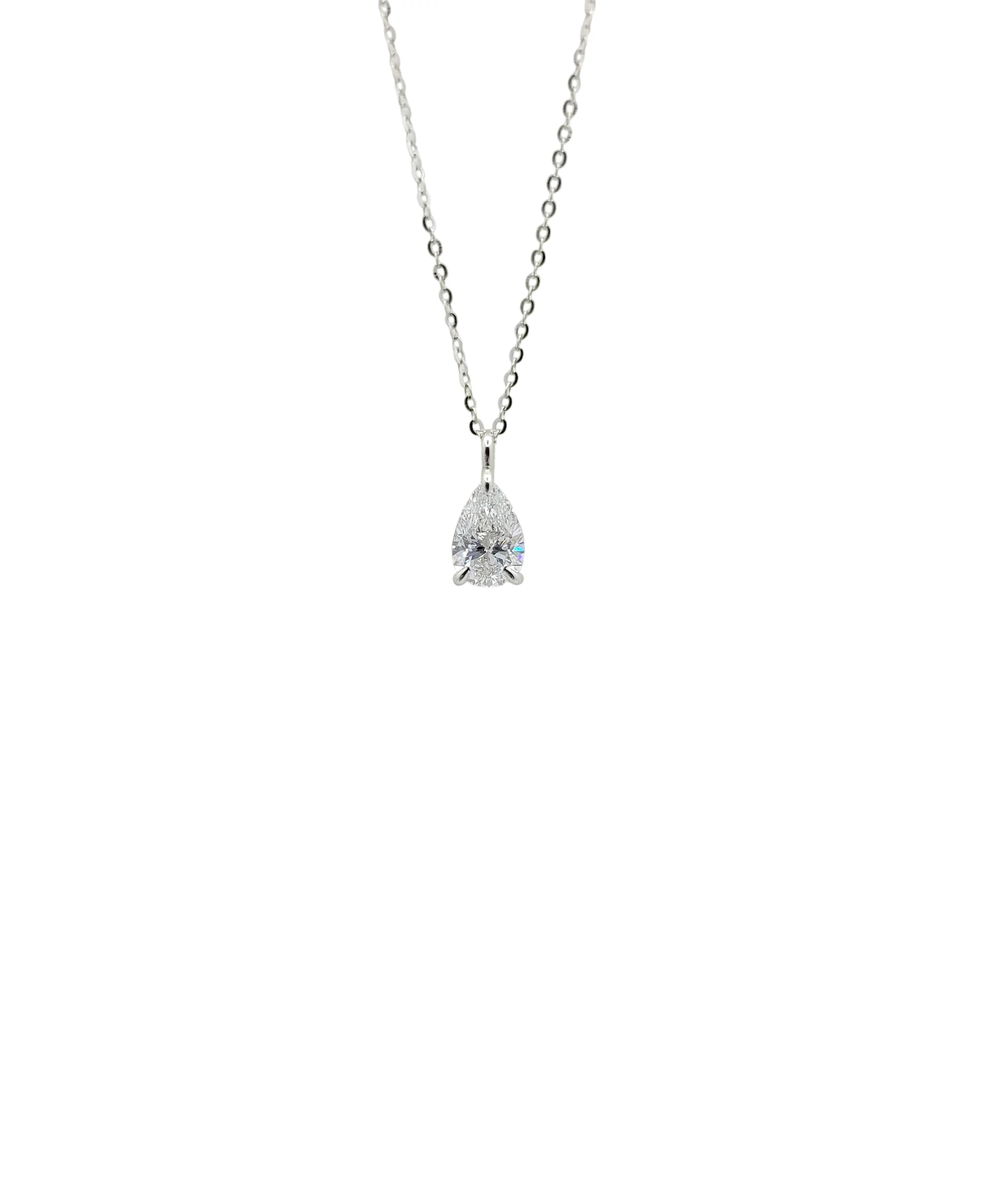 14K White Gold 3 Prong Pear Brilliant Cut Lab Grown Diamond Solitaire Necklace With 18K White Gold Chain(1.0ctw)