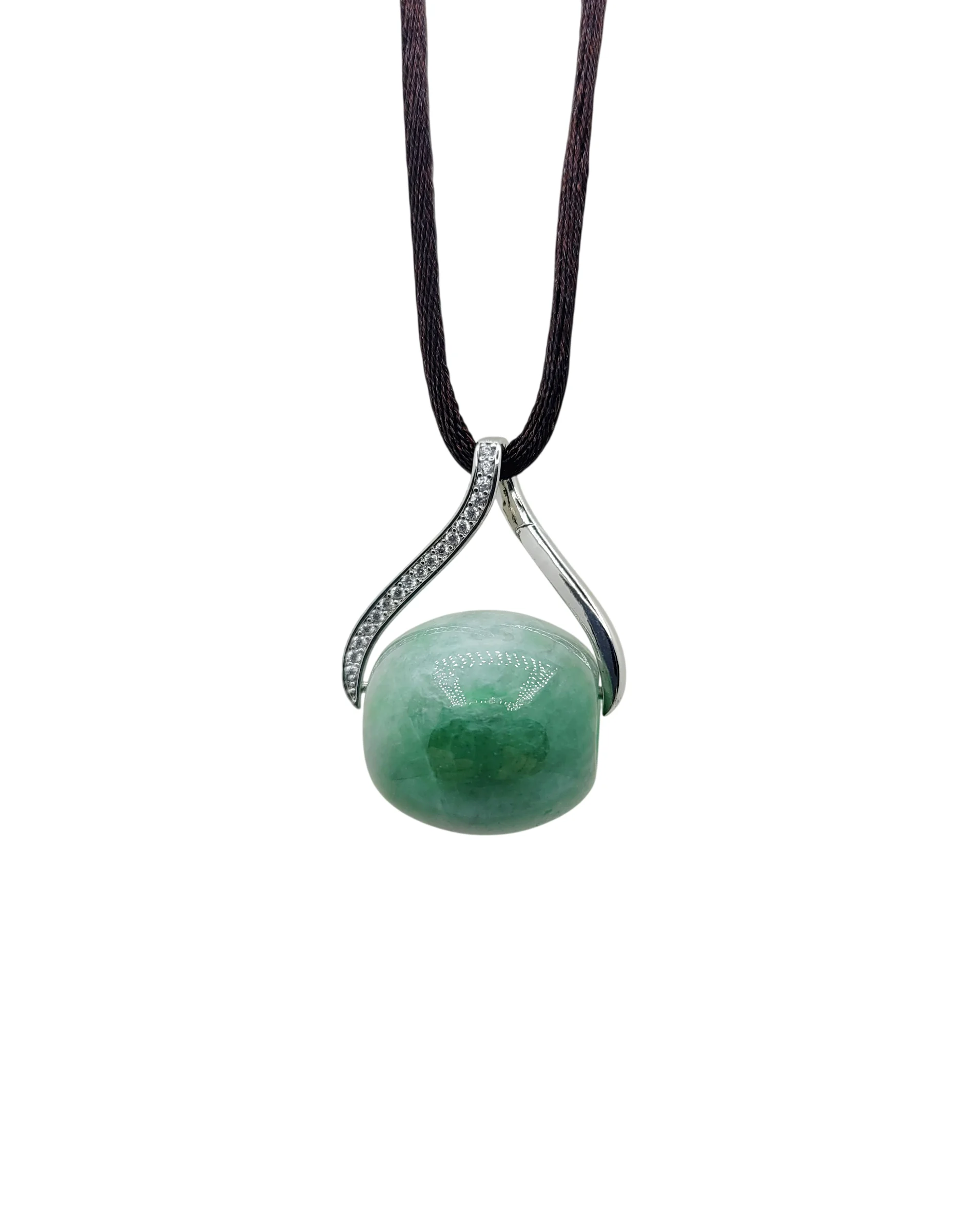 Silver Green Jadeite Jade Barrel Pendant With Diamond Simulant