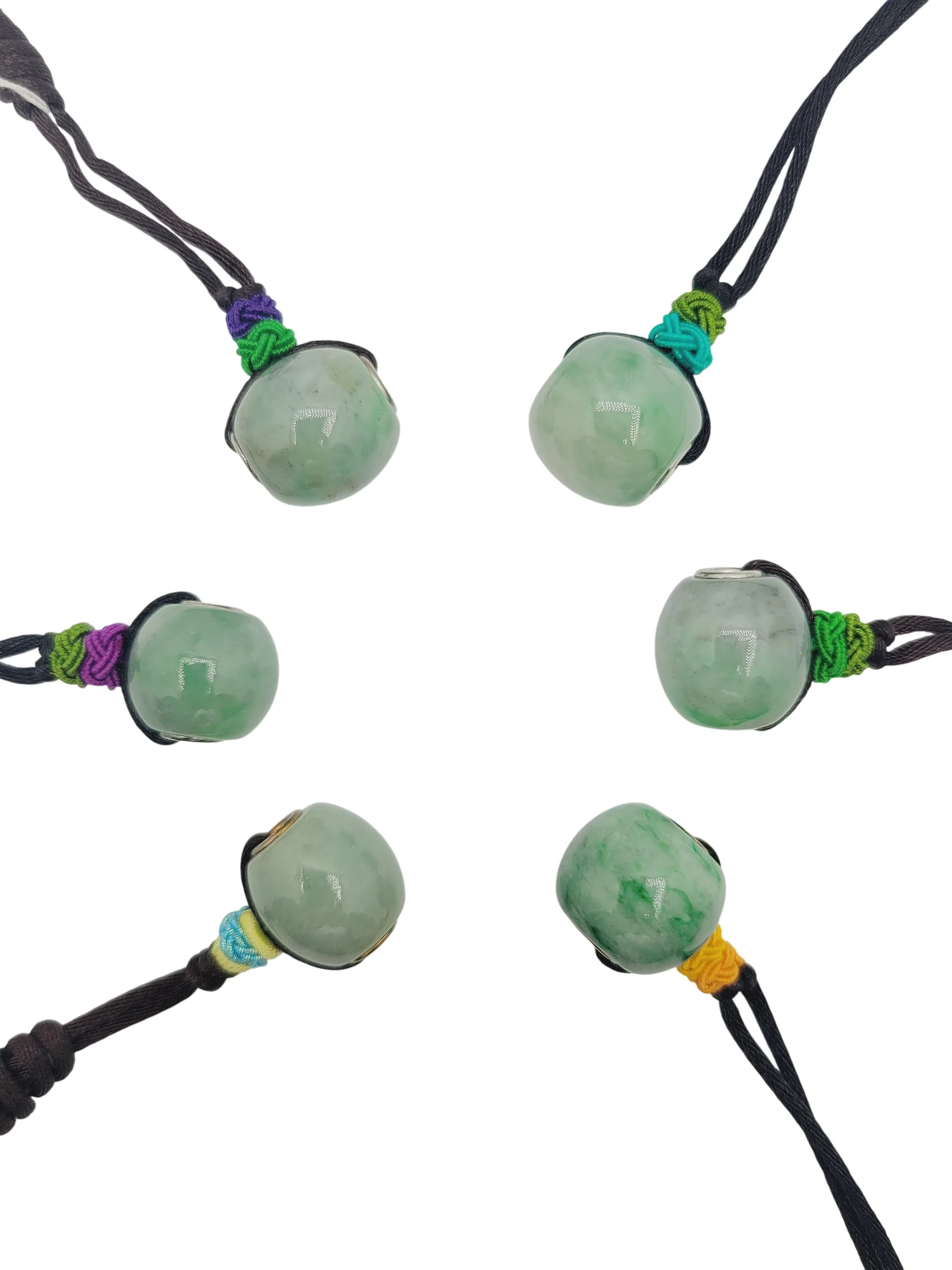 Green Jadeite Jade Barrel Pendant with Silver Rim
