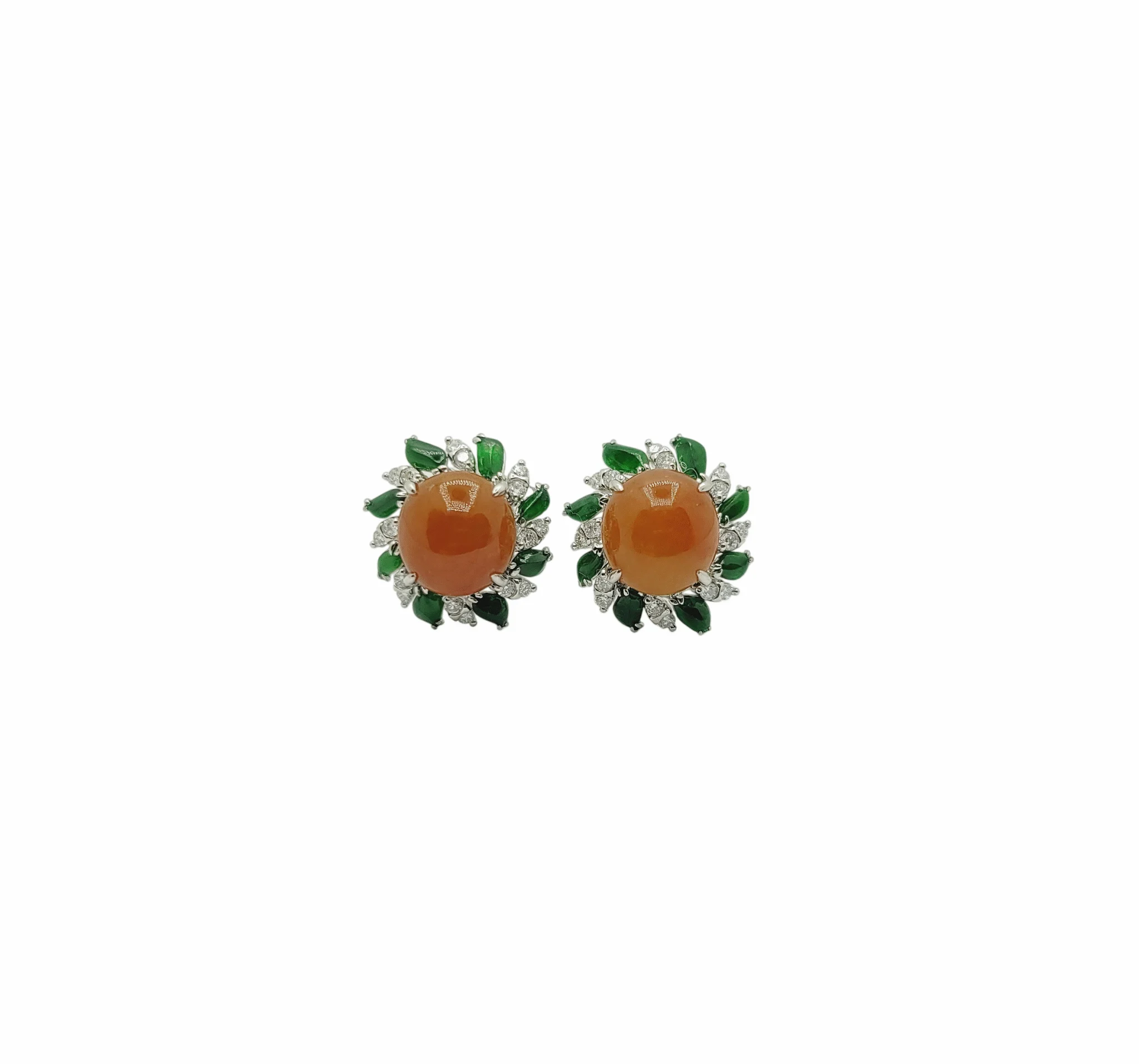 18K White Gold Brownish Orange Jadeite Jade Oval Cabochon Earring with Natural Diamonds