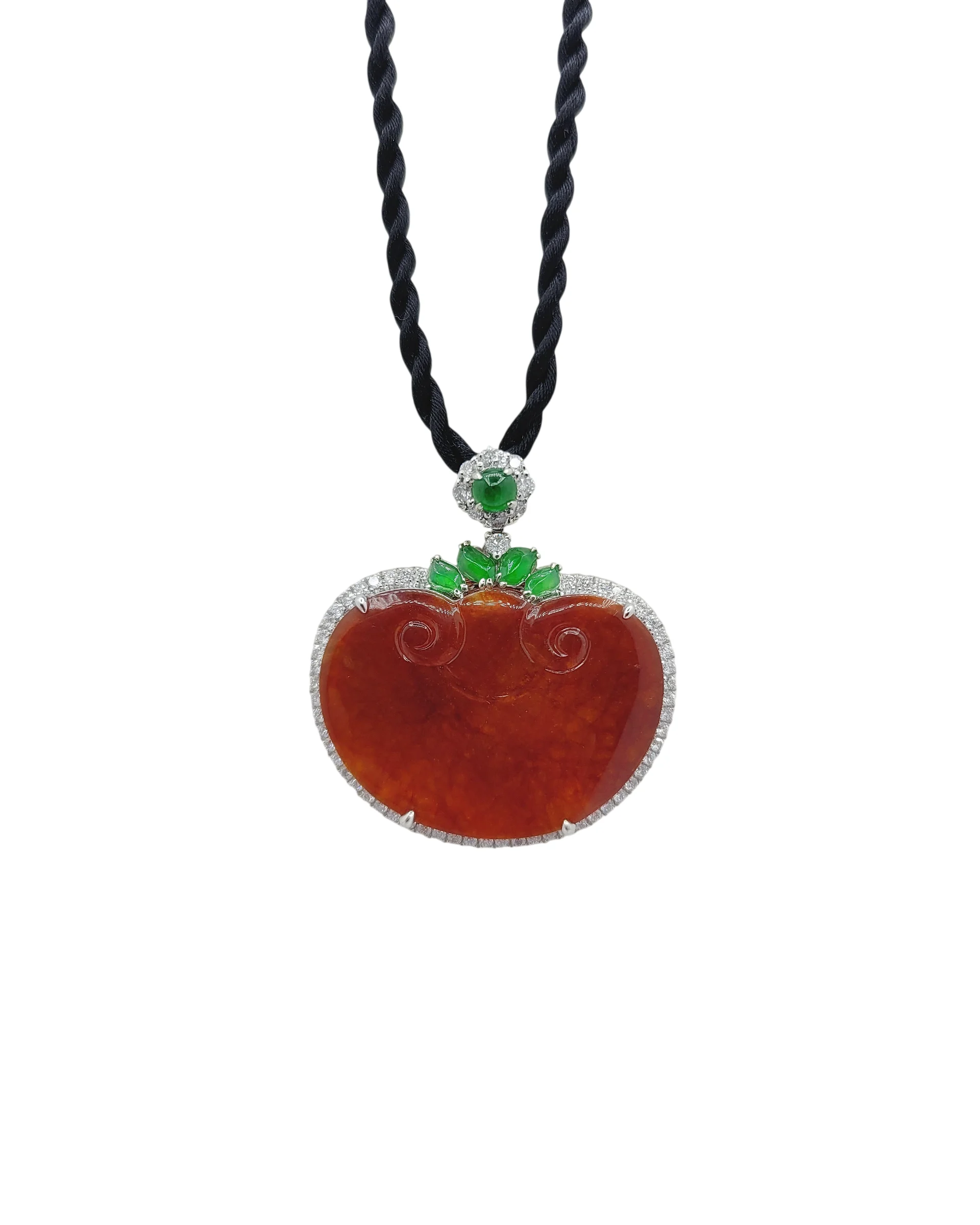 18K White Gold Brownish Red Jadeite Jade Ruyi Pendant with Natural Diamonds