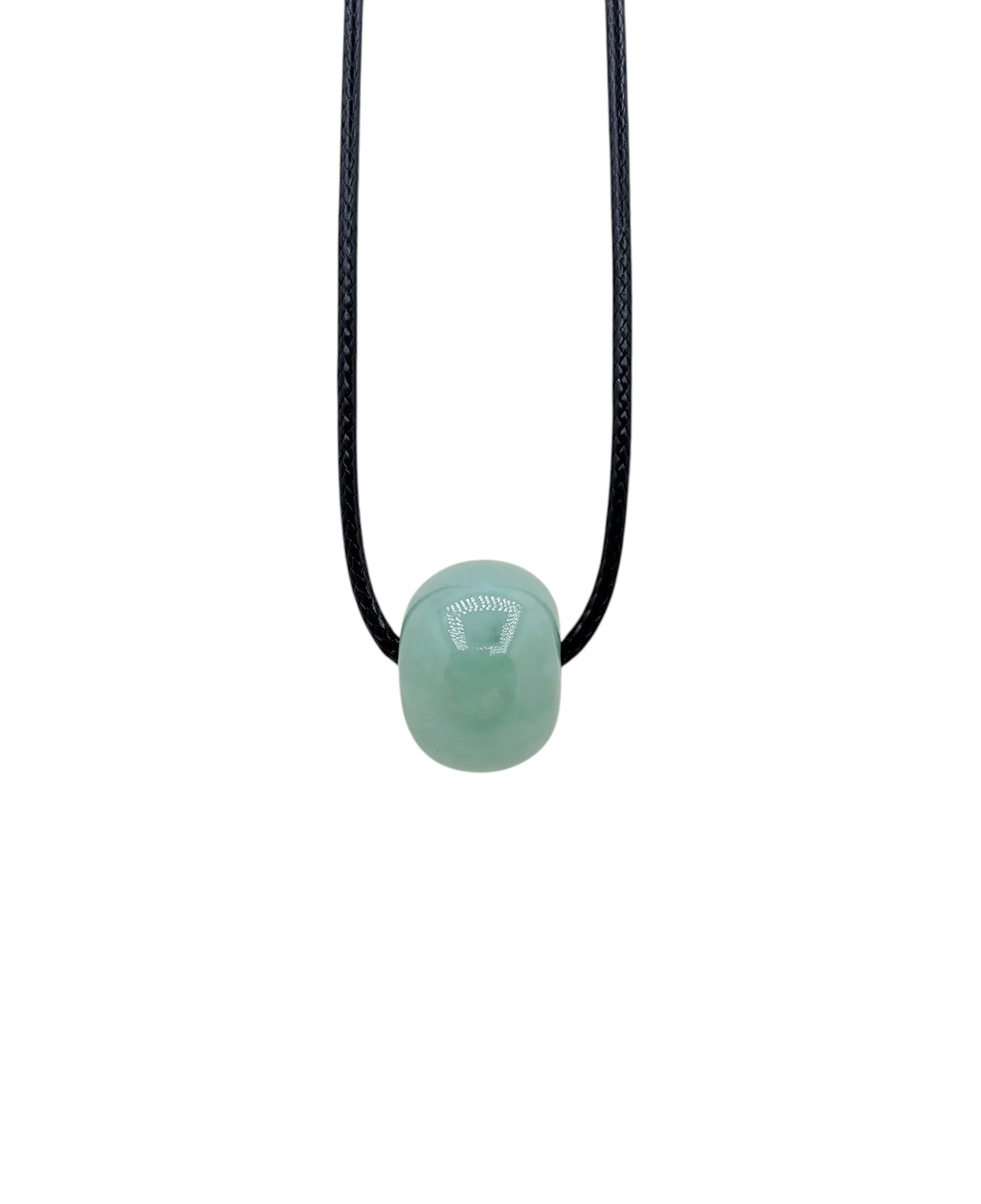 Green Jadeite Jade Barrel Pendant with Leather String