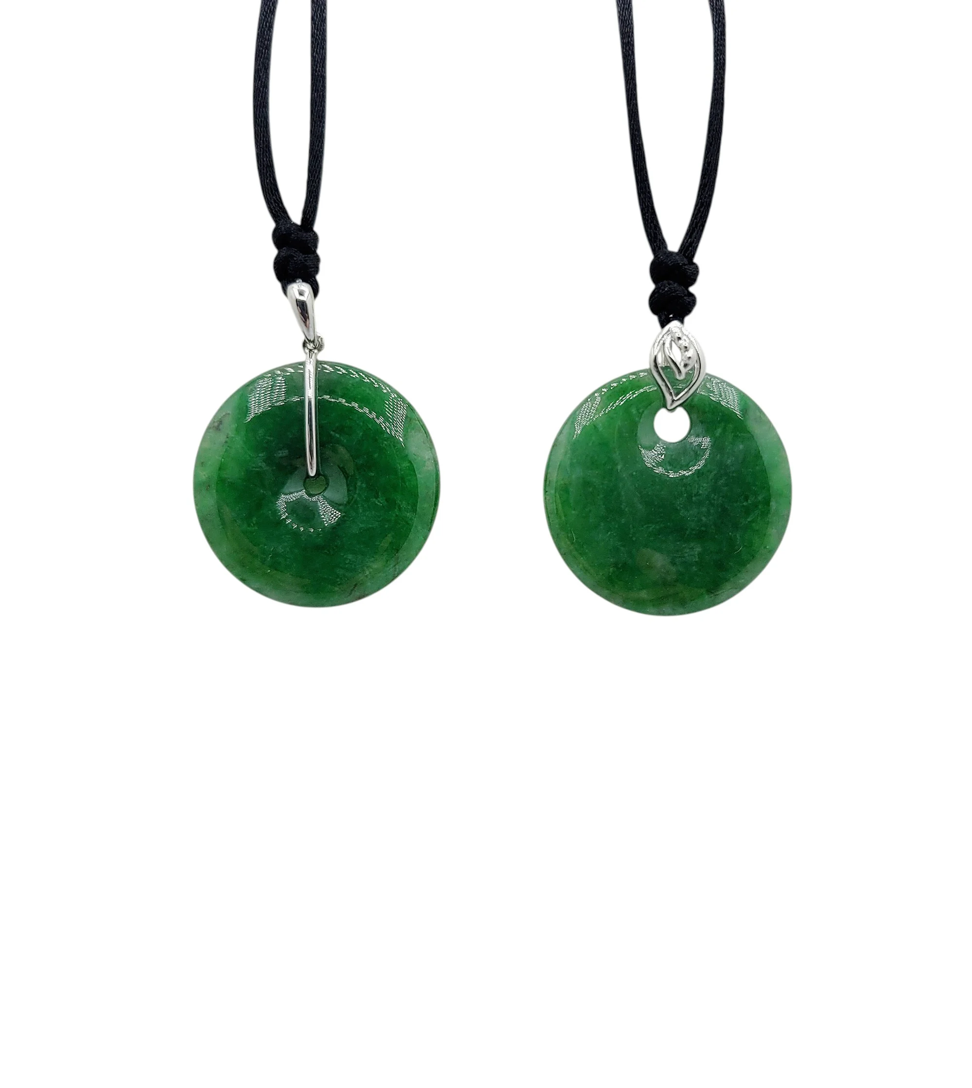 14K white Gold Dark Green Jadeite Jade Peace Round Pendant