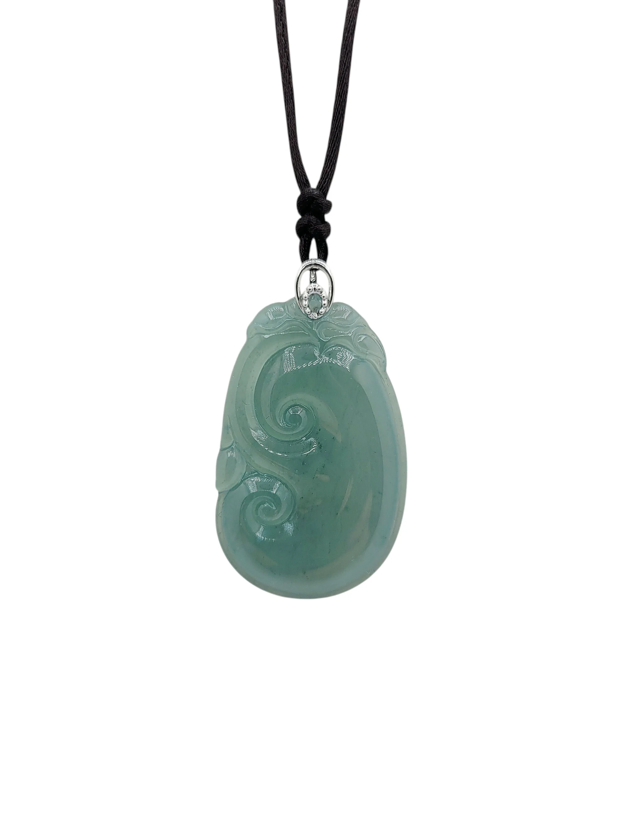 14K white Gold Icy Green Jadeite Jade Ruyi Pendant